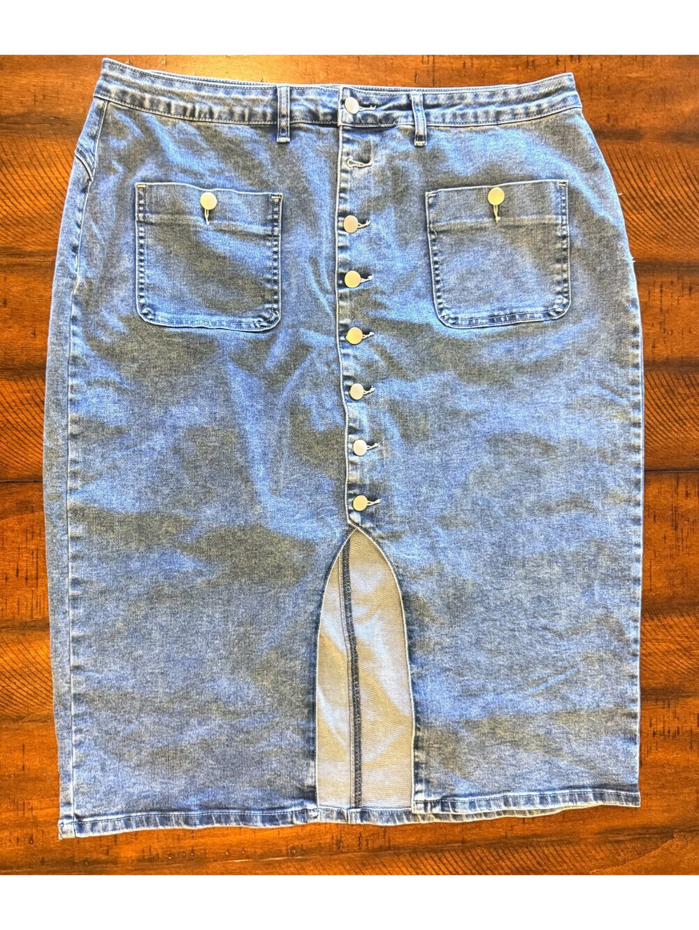 Flamingals XXXXL Denim Midi Skirt Button Front Wide Slit Acid Wash Blue 4XL